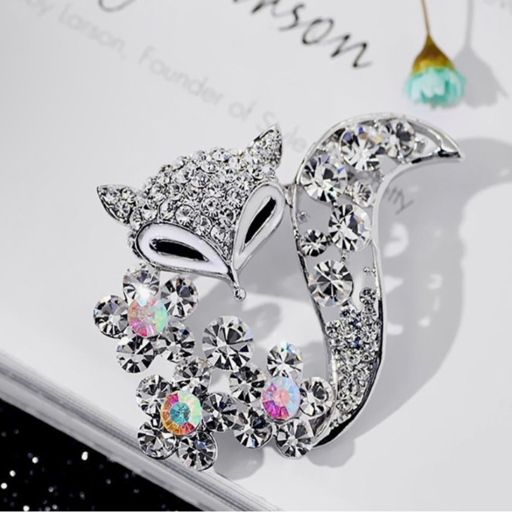 Silver Crystal Fox Brooch with Iridescent Floral Accents